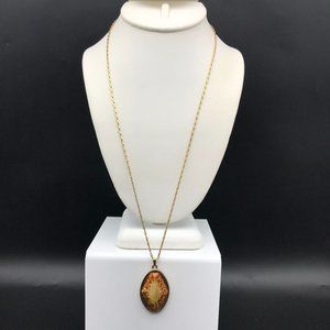 Unique Whiting Davis Pendant Necklace, Rare Vintage Flaming Art Glass Elongated